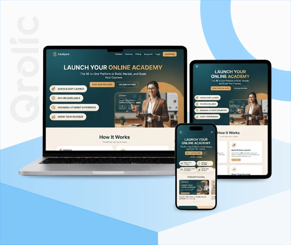 Online course creator website design and development services showcasing LMS and student dashboard features
