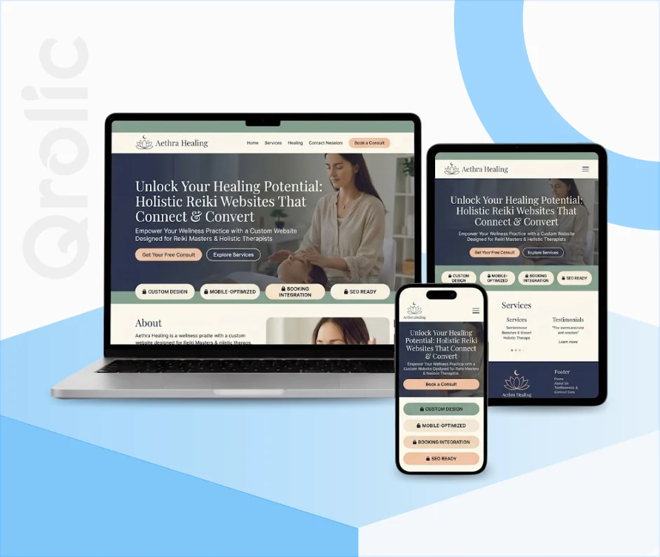 Reiki Healer Website Development Service Reiki healer website design and development services hero banner showing a calming booking page and healing practice layout