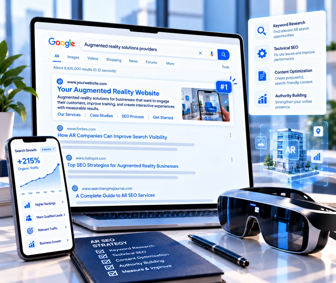 Augmented reality SEO services showing a structured search strategy that improves visibility for AR firms