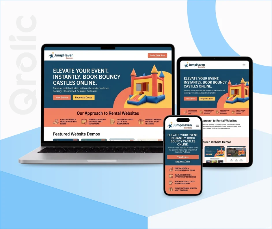 Bouncy castle rental website design and development services homepage with booking-ready layout