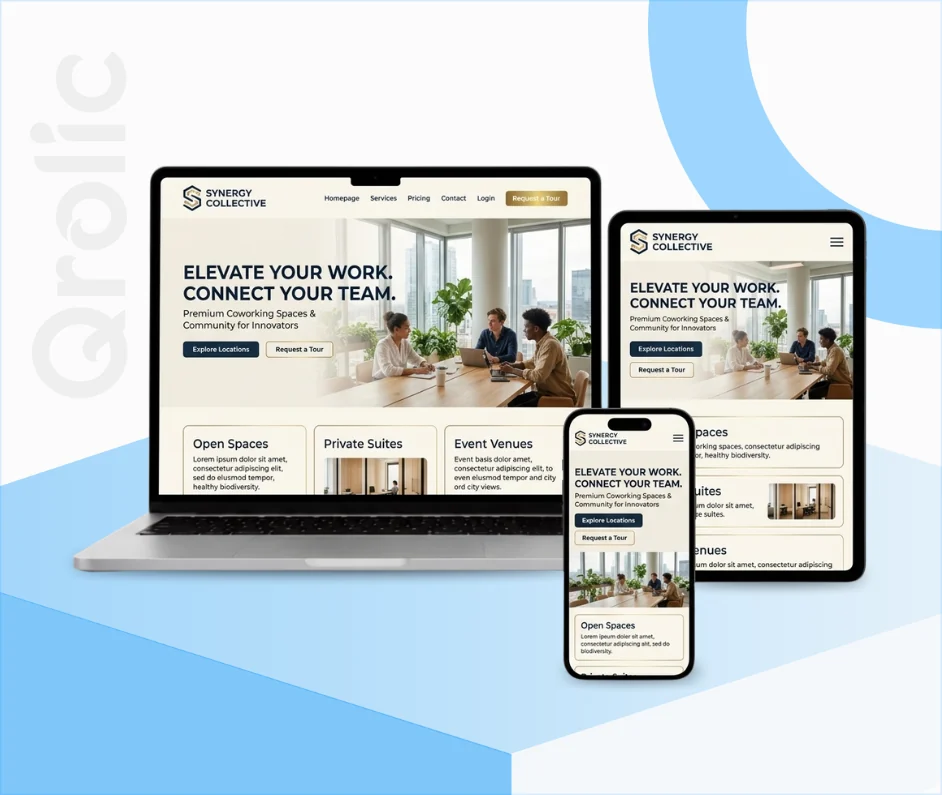 Co-working space website design and development services by Qrolic
