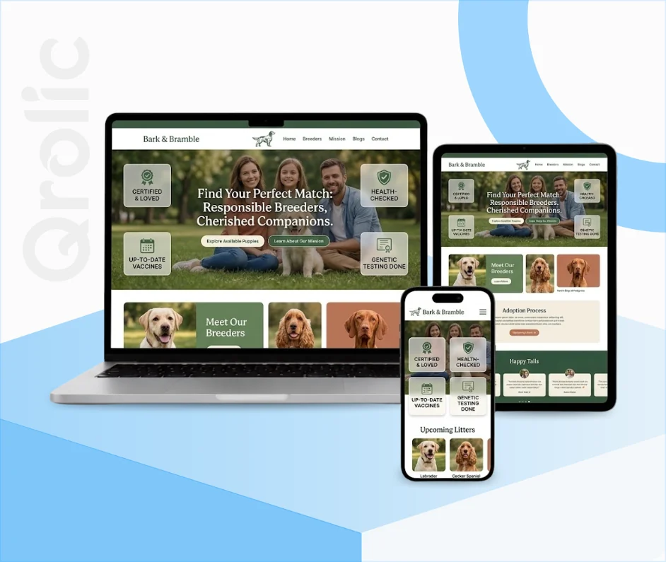 Dog breeder website design and development showcasing pedigree database and puppy application features