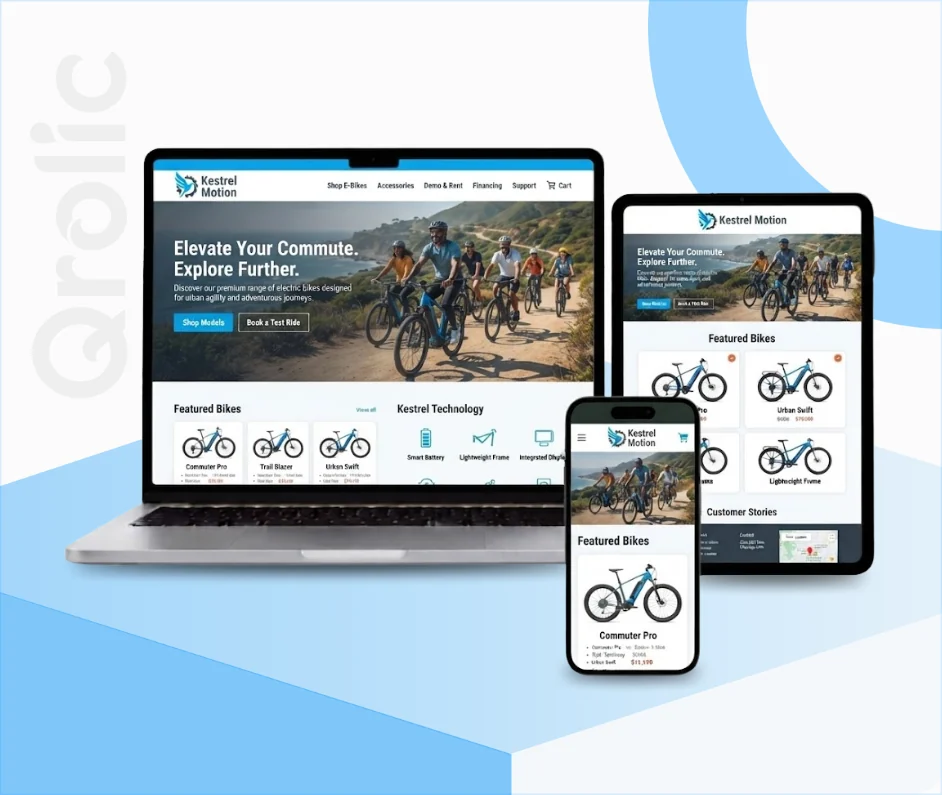 eBike store website design and development services by Qrolic showcasing model configurators and test-ride booking