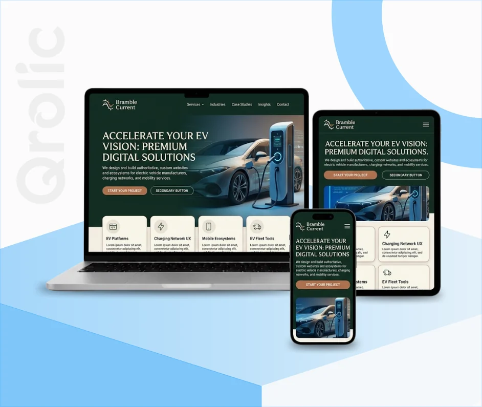 Electric Vehicle Website Design and Development Electric vehicle website design and development services showing vehicle configurator and charging station locator by Qrolic