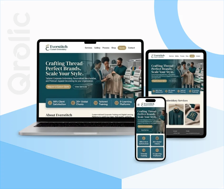 Embroidery business website design and development services showing a portfolio gallery and quote form