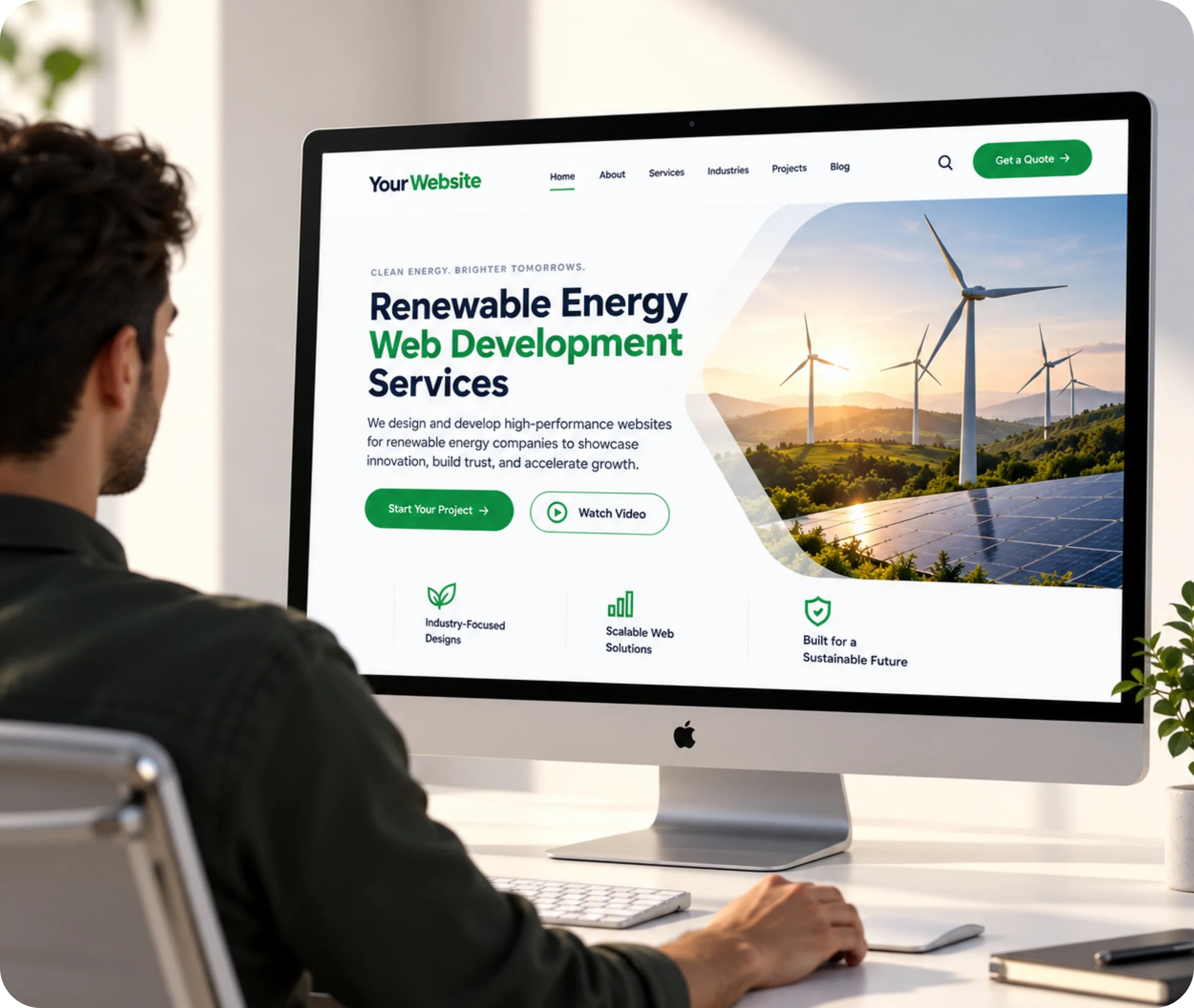 Renewable Energy Website Design & Development Service Renewable energy website design showing a custom WordPress website built around projects, services, audience journeys, CMS control, and connected tools
