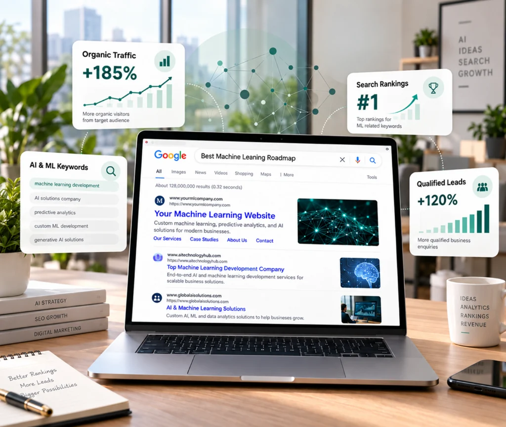 Machine learning SEO services showing on-page, off-page, technical, and local SEO work that improves search visibility for ML companies