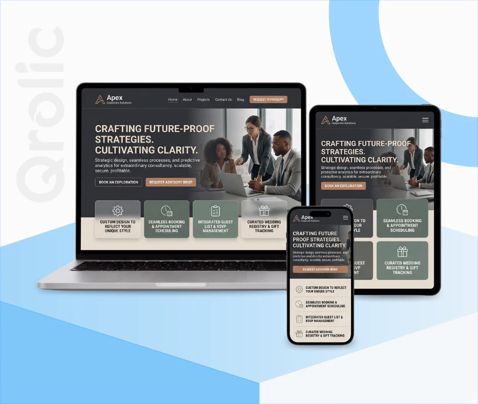 Management Consultant Website Design & Development Management consultant website design and development services by Qrolic, featuring case studies and lead generation