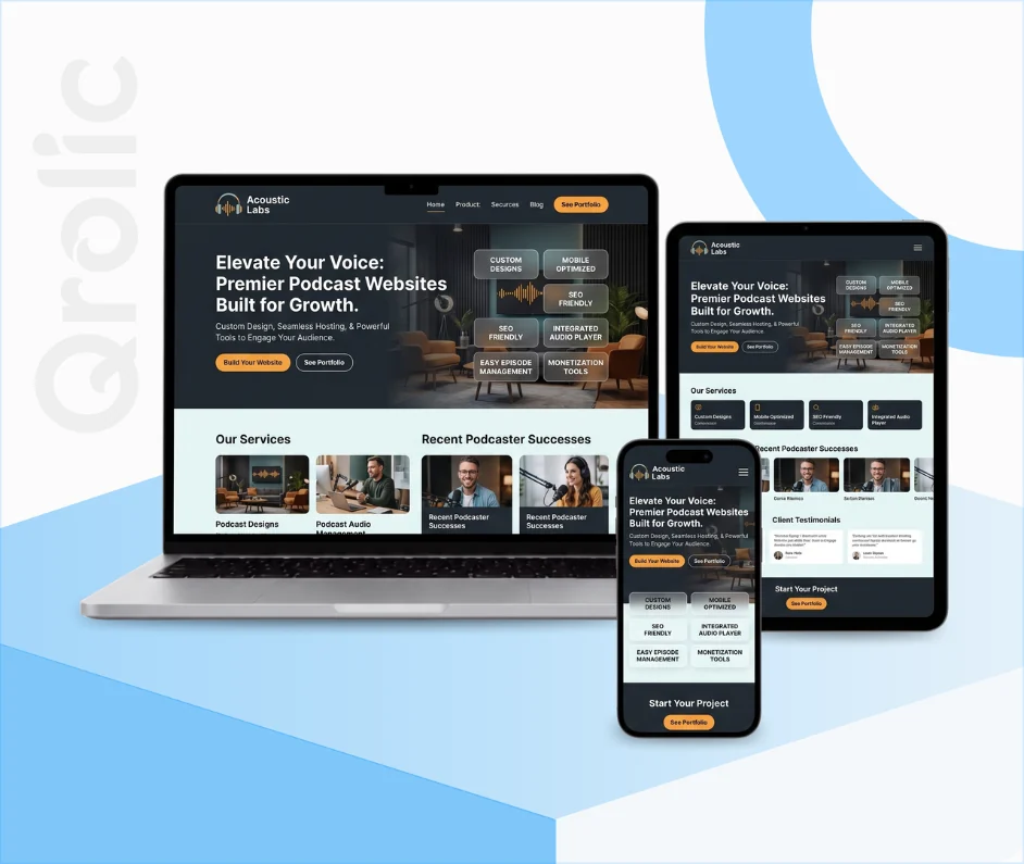 Podcast website design and development showcasing custom audio player and episode management features
