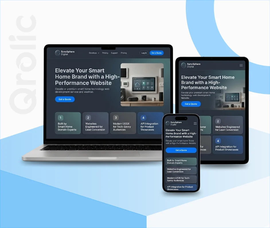 Smart home technology website design and development services homepage with device dashboard