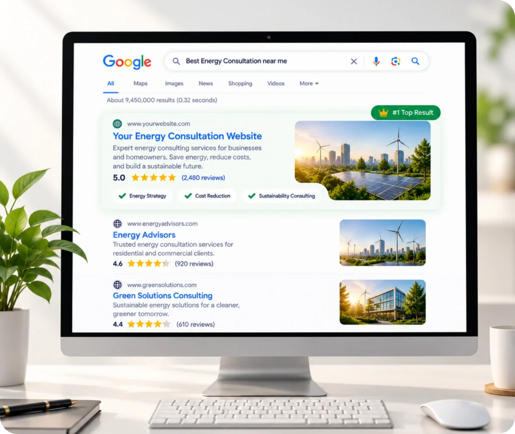 Energy Consulting Website SEO Service Energy consultant SEO services showing a structured search strategy that makes consulting expertise easier to find and turns visibility into opportunities