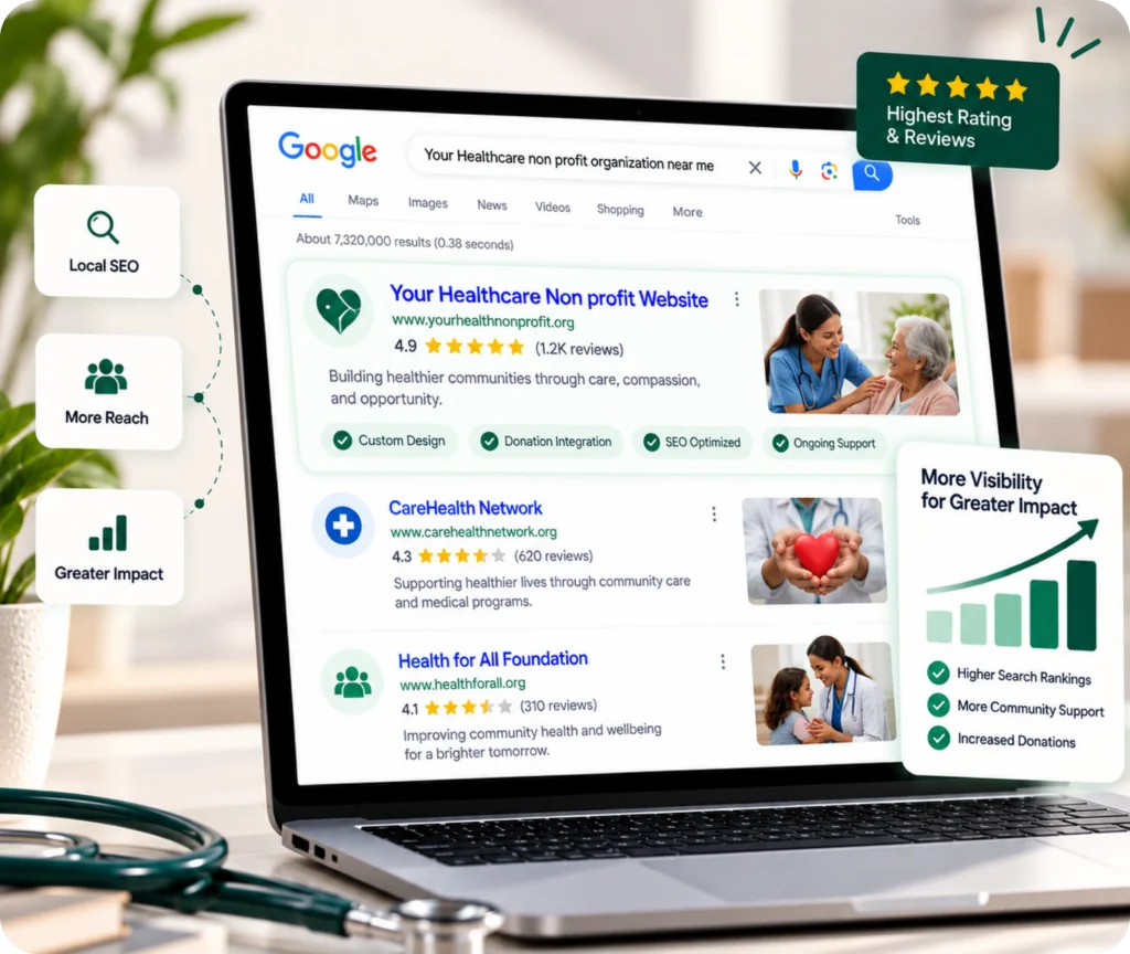 Healthcare Nonprofit Website SEO Service Healthcare nonprofit SEO services showing a measurable search strategy that improves visibility for health programs, services, and information