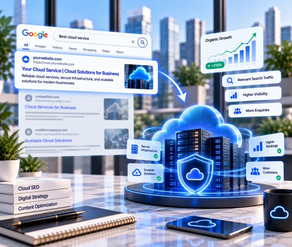 Cloud computing SEO showing search intent research, technical SEO, and organic growth tracking for a cloud business website