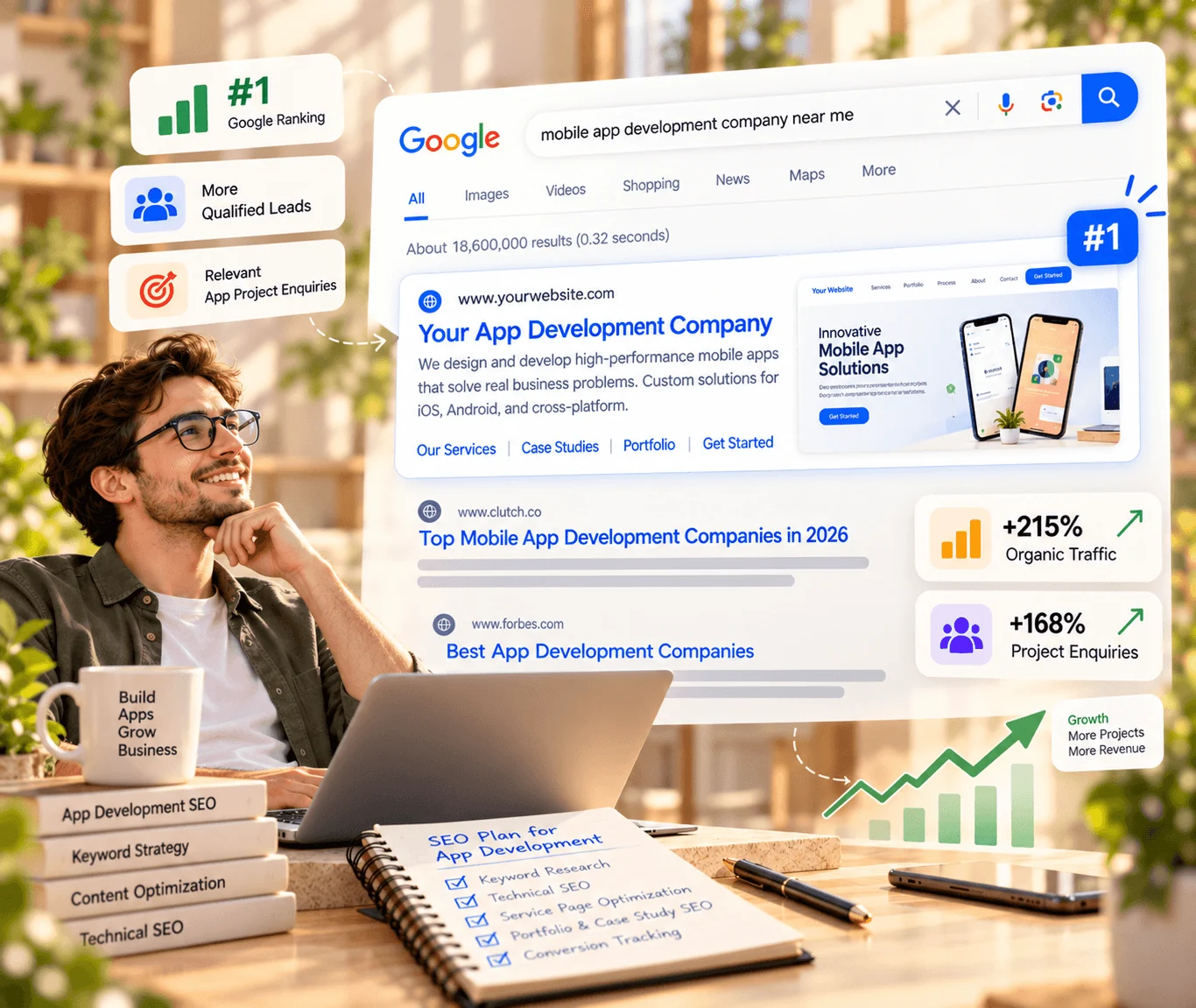 Mobile app SEO services showing search visibility reporting for an app development company website