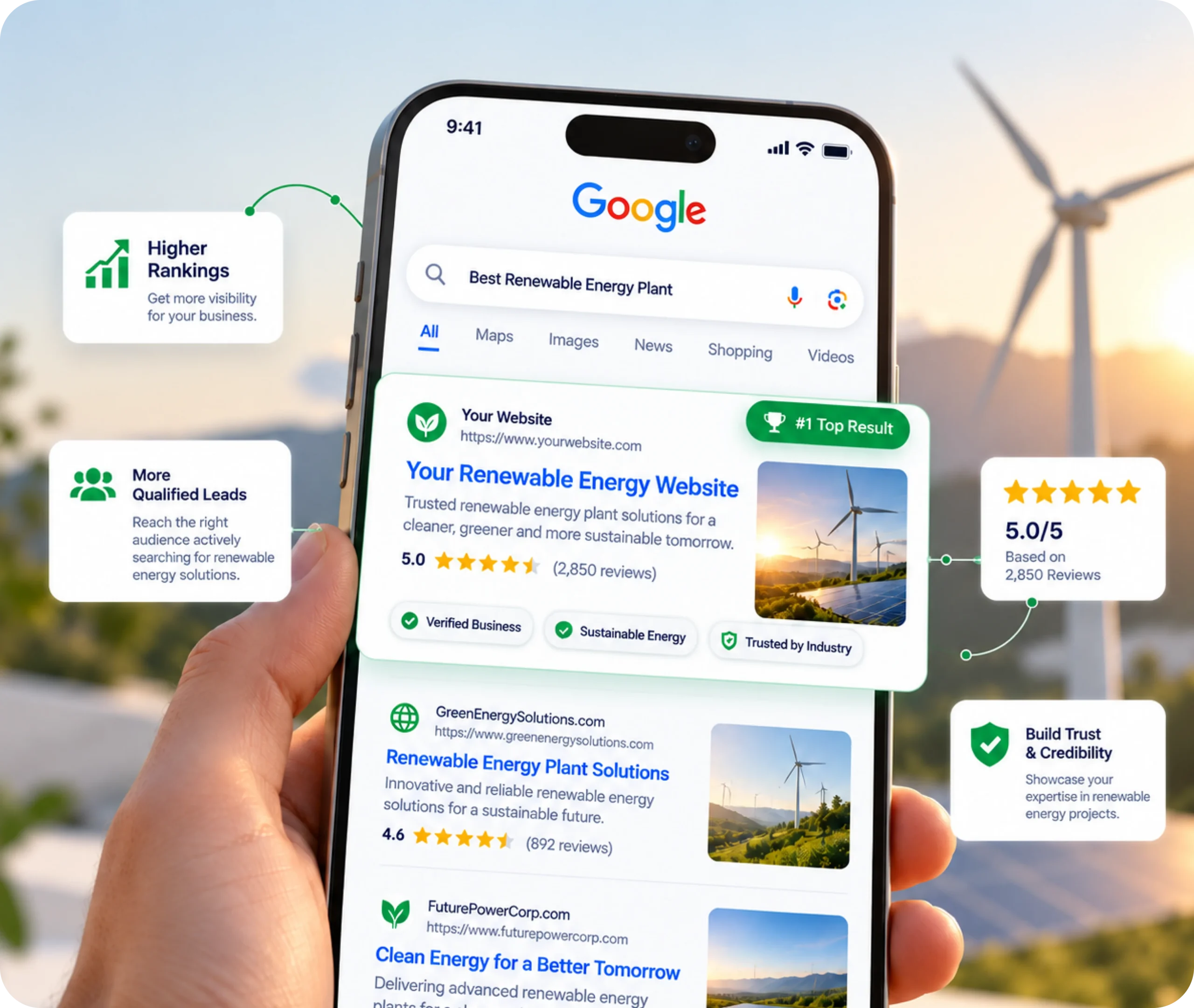 Renewable energy SEO services showing a structured search strategy that improves visibility for projects, services, and qualified enquiries
