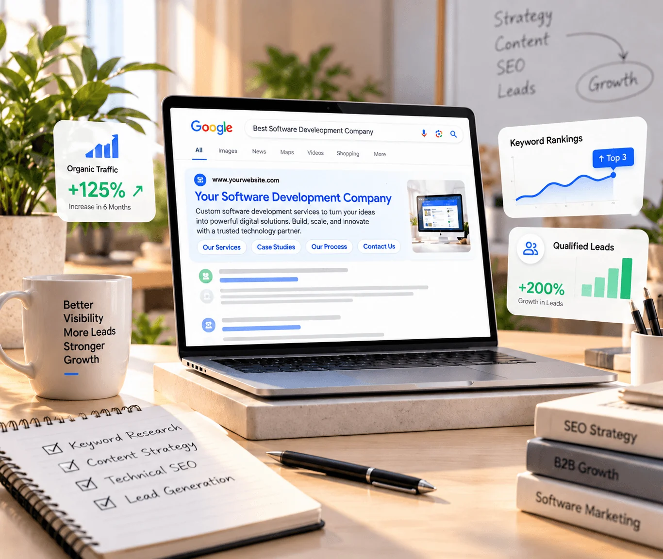 Software Company Website SEO Service SEO for software companies showing search performance, keyword research, and lead tracking for a software business