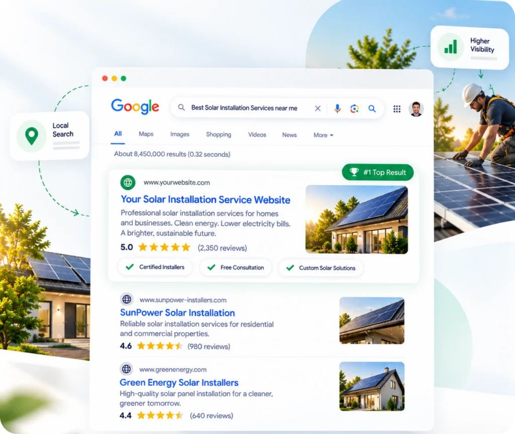 Solar Installer Website SEO Service Solar installer SEO services showing a structured search strategy that turns solar searches into better lead opportunities