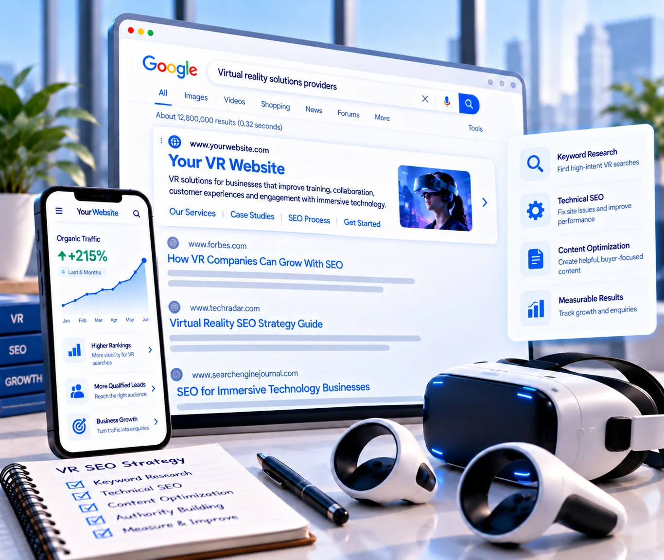 Virtual Reality Website SEO Services Virtual reality SEO services showing a measurable search strategy that improves discoverability for VR businesses