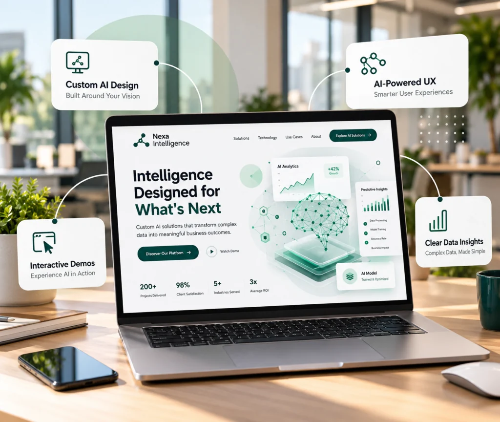 Custom AI Website Design for Clearer Product Stories AI website design showing a custom WordPress marketing website that explains AI products clearly to different audiences