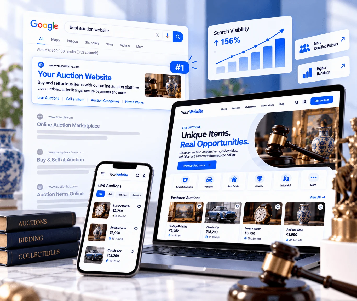 Auction website design and development showing a custom WordPress website built around auction goals, user journeys, and CMS control
