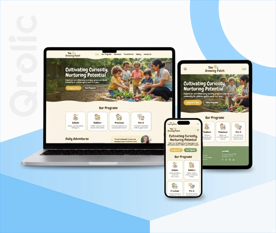 Childcare center website design and development services showing an enrollment form and parent portal
