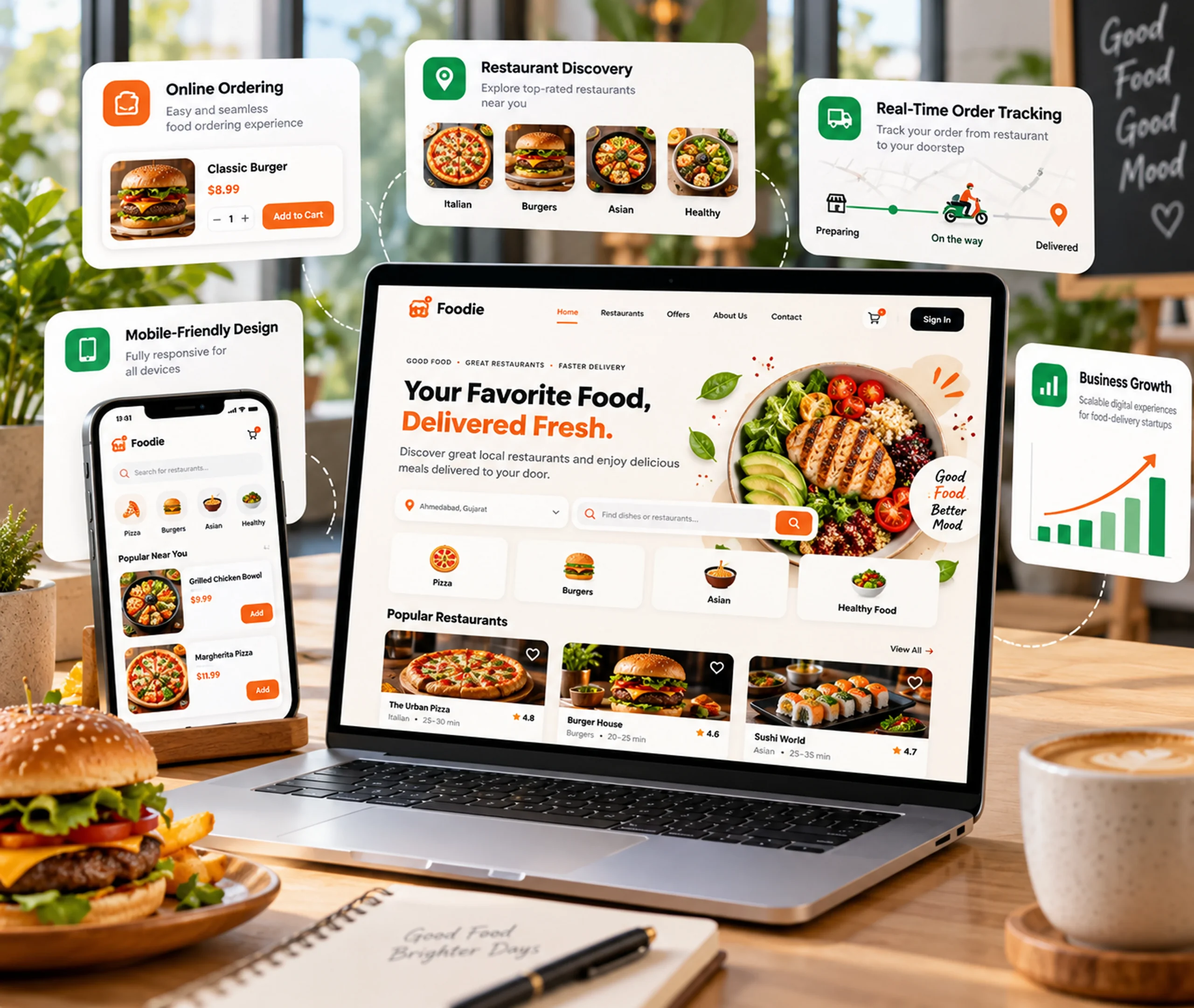 Food delivery tech startup website design showing a custom WordPress website built around the product, user journeys, CMS control, and connected tools
