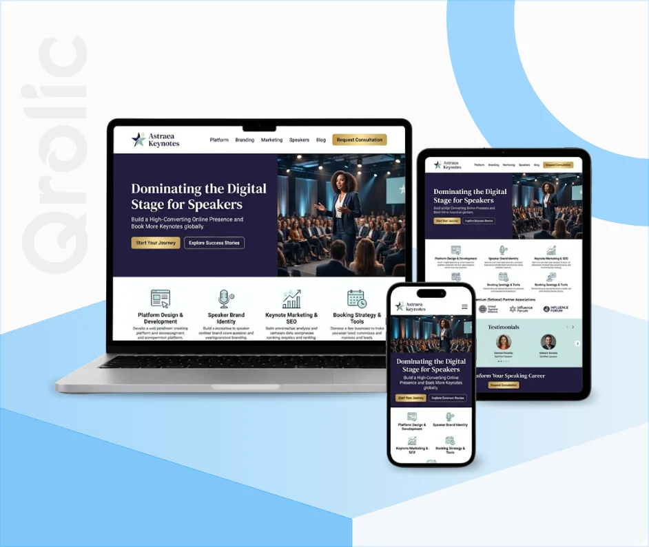 Public speaker website design and development services showing event booking and profile showcase by Qrolic
