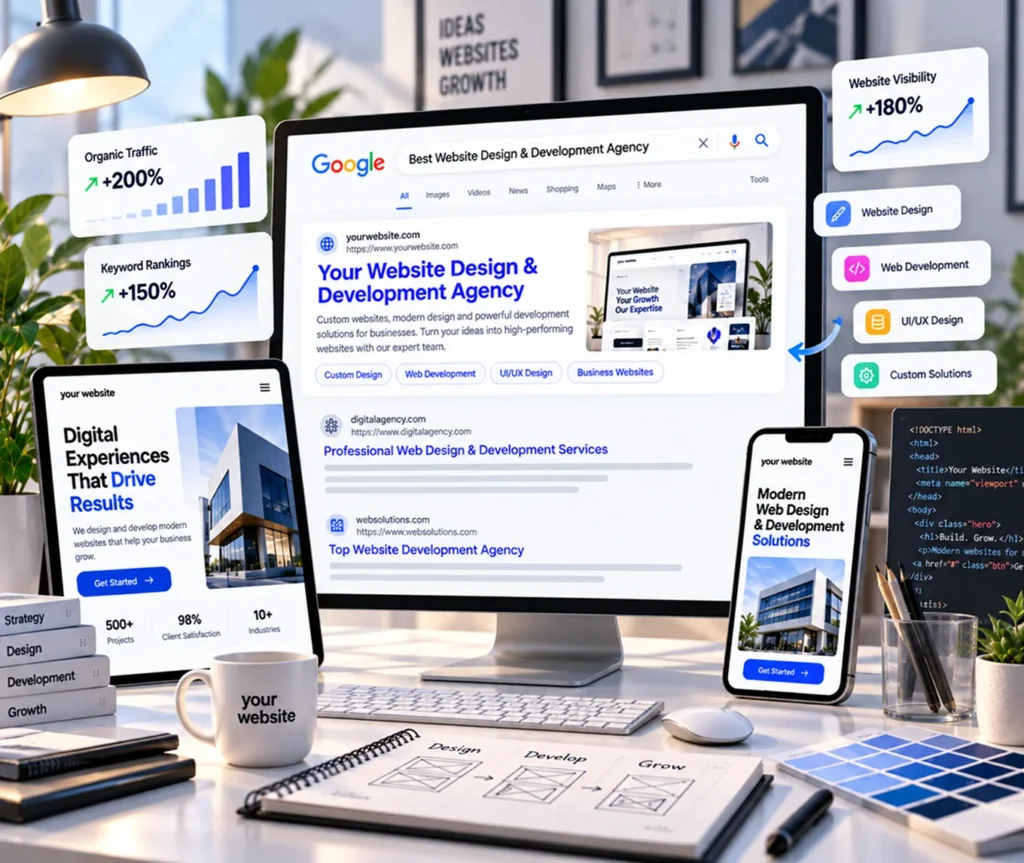 SEO Agency Website Design That Reflects Your Expertise SEO agency website design showing a custom WordPress website with service pages, case studies, and a content hub