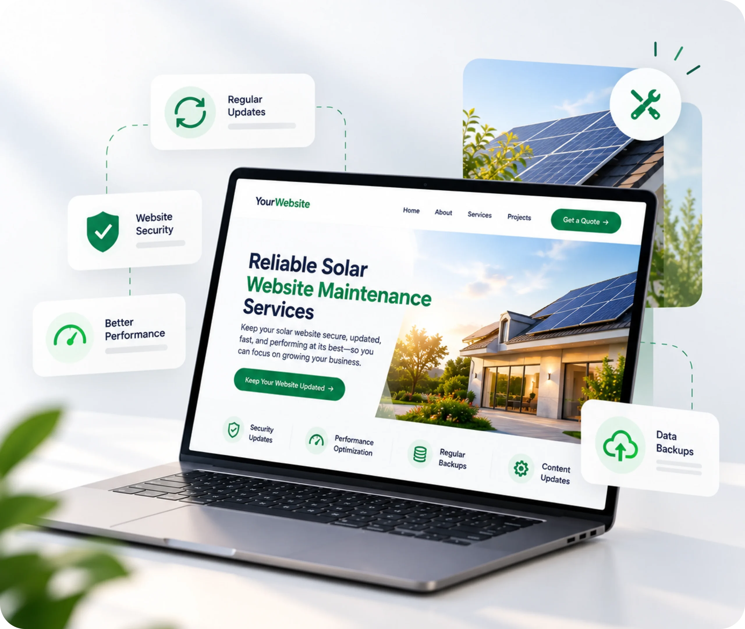 Solar company website maintenance showing ongoing care for updates, security, performance, backups, and enquiry readiness