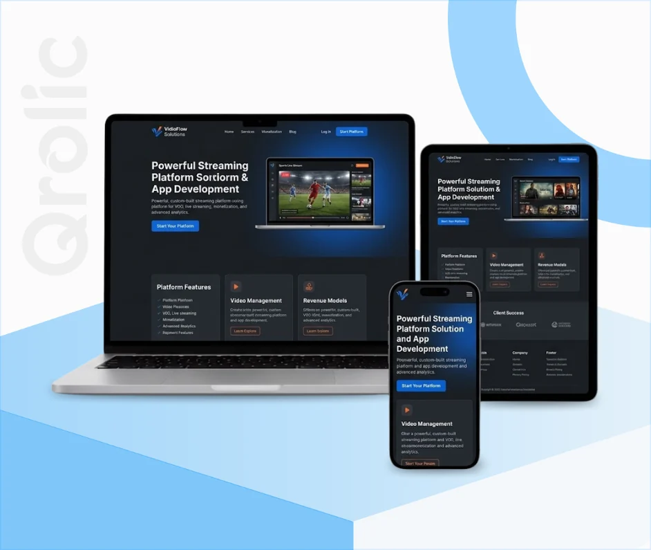Streaming platform website design and development services showing video player dashboard and CDN infrastructure by Qrolic
