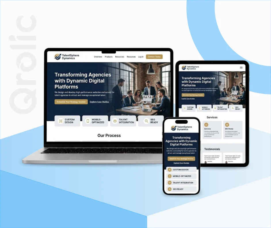 Talent agency website design and development services by Qrolic showcasing talent portfolios and booking platforms