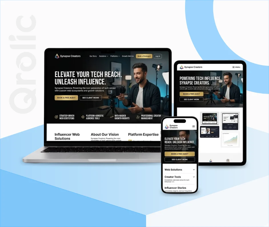 Tech influencer website design and development services showing media kit and brand collaboration showcase by Qrolic