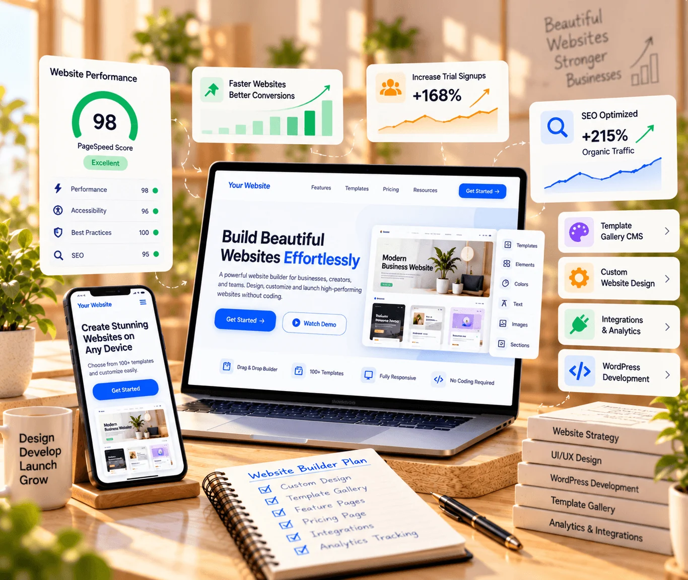 Website Builders Website Design & Development Service Website development services showing a custom WordPress marketing website with a template gallery and pricing page for a website builder