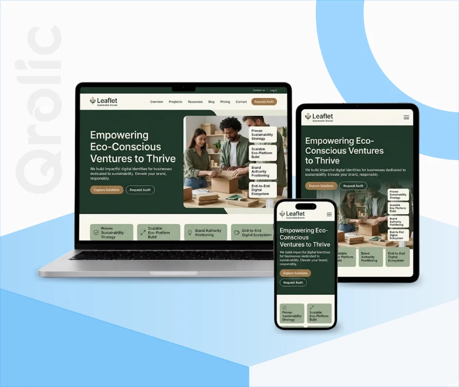 Sustainable brand website design and development services showing eco-friendly product showcase and green hosting by Qrolic