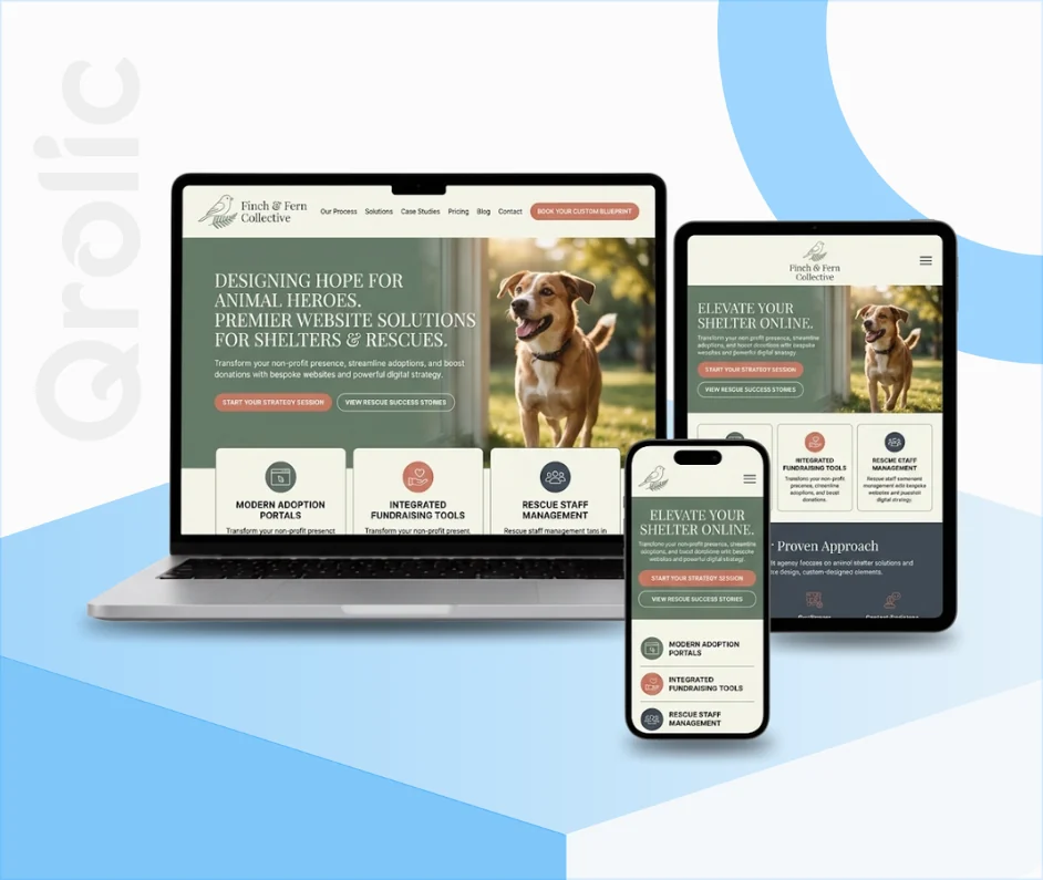 Animal Shelter Website Design and Development Services Animal shelter website design and development services showing pet adoption listings and a donation form