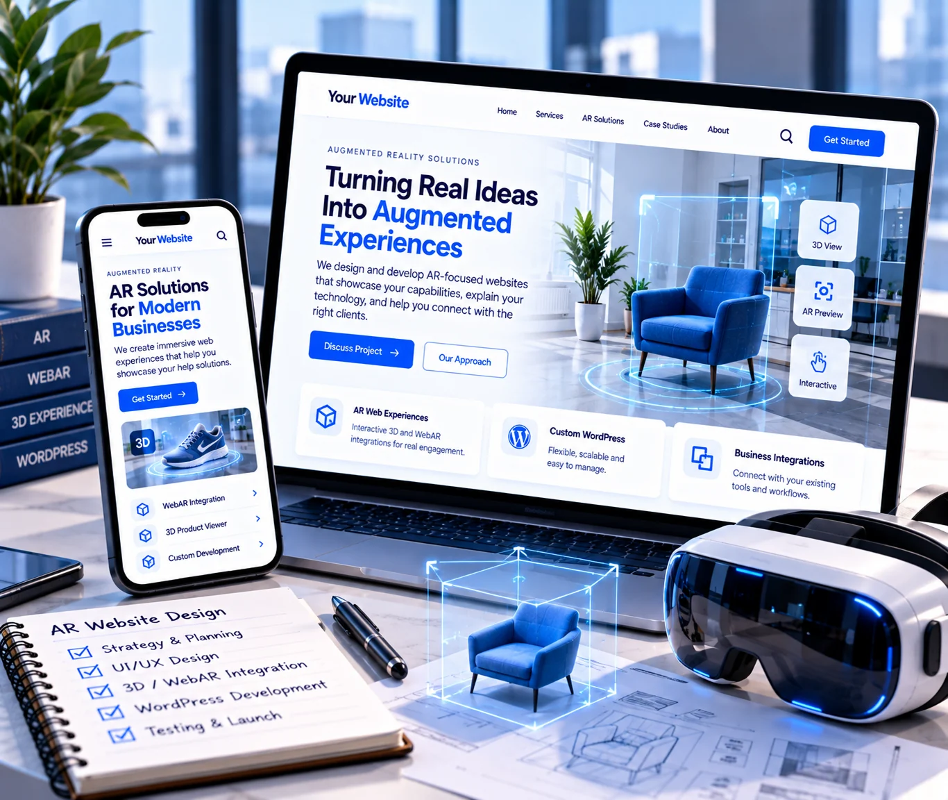 Augmented reality firm website design showing a custom WordPress website that presents AR solutions to prospective clients
