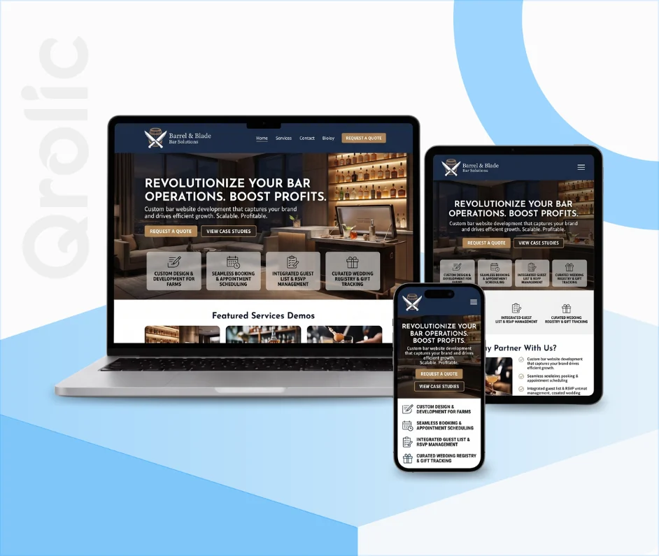 Bar Website Design and Development Services Bar website design and development services interface showing menu showcase and event promotions
