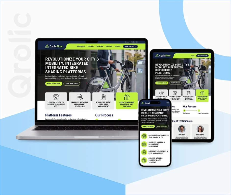 Bike Sharing Platform Solutions Website Development Service Bike sharing platform website design and development services hero image by Qrolic