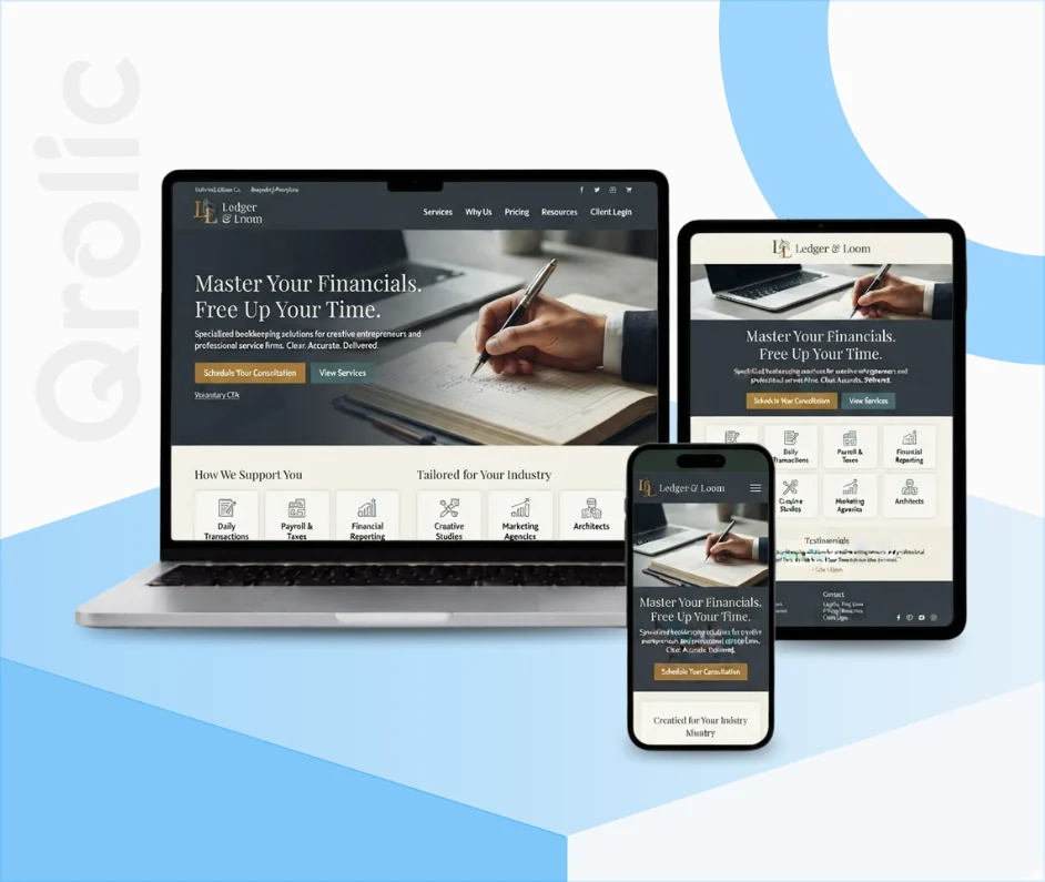 Bookkeeping website design and development services by Qrolic showcasing secure client portals and reporting dashboards