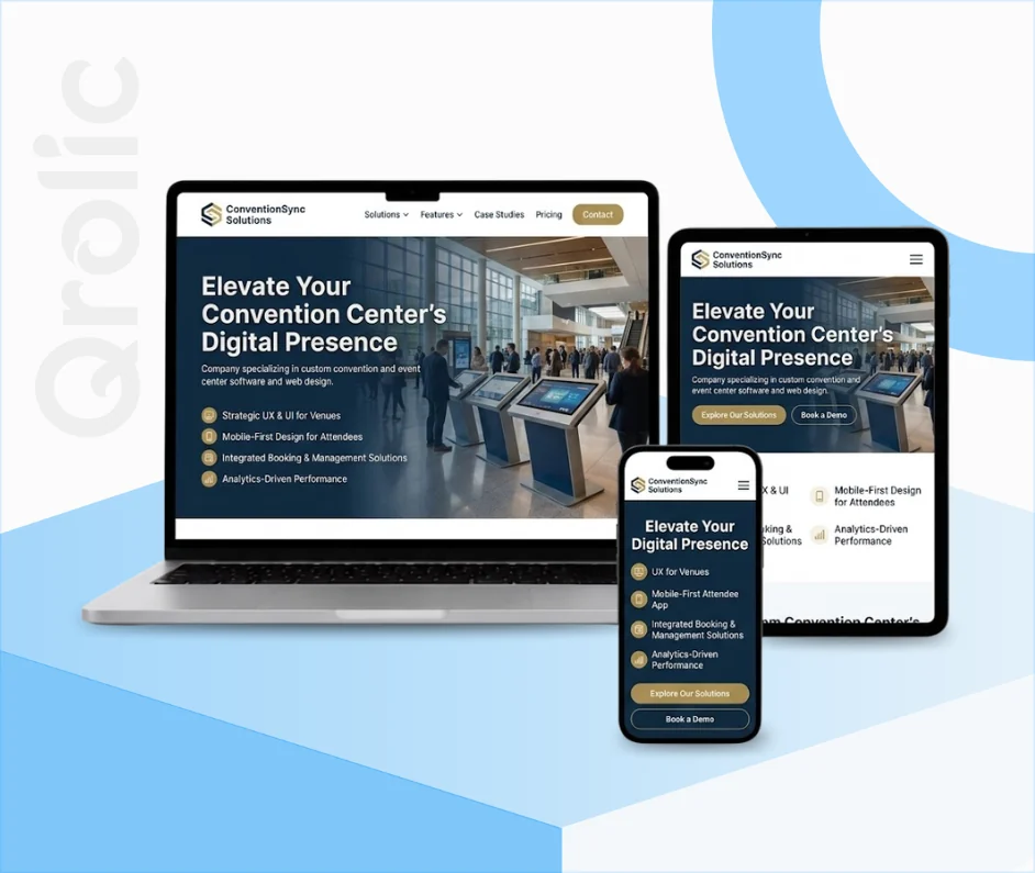 Convention center website design and development services by Qrolic showcasing event booking and floor plan tools