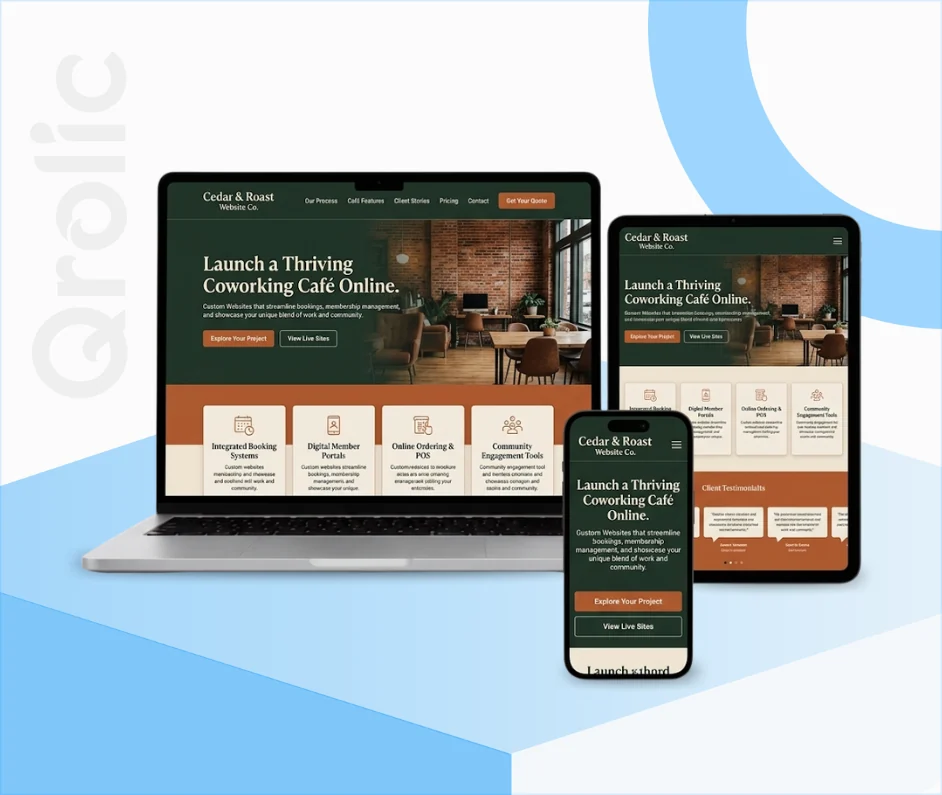 Coworking cafe website design and development services showing space booking and membership features