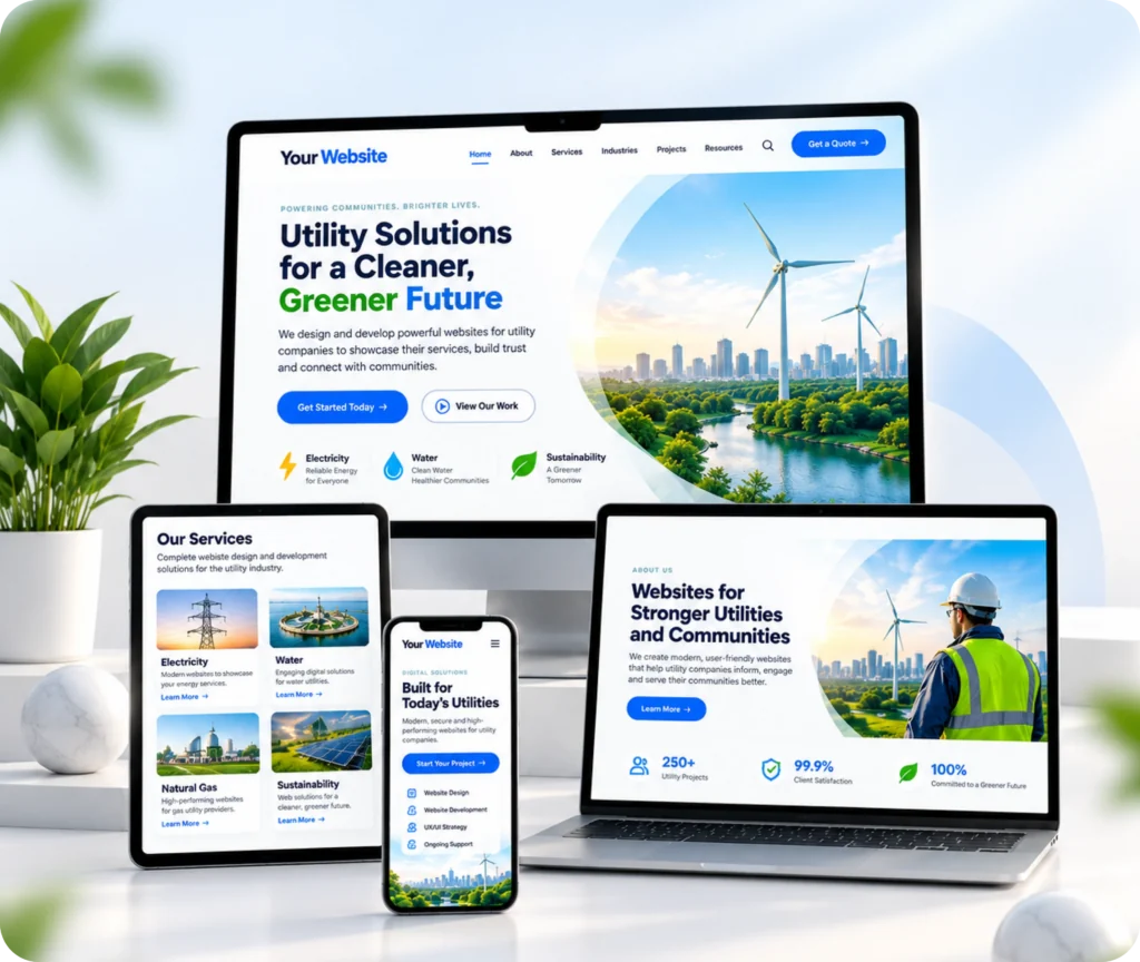 Utility Website Design & Development Service Utility and energy website design showing a custom WordPress website built around customer information, service paths, CMS control, and connected business tools