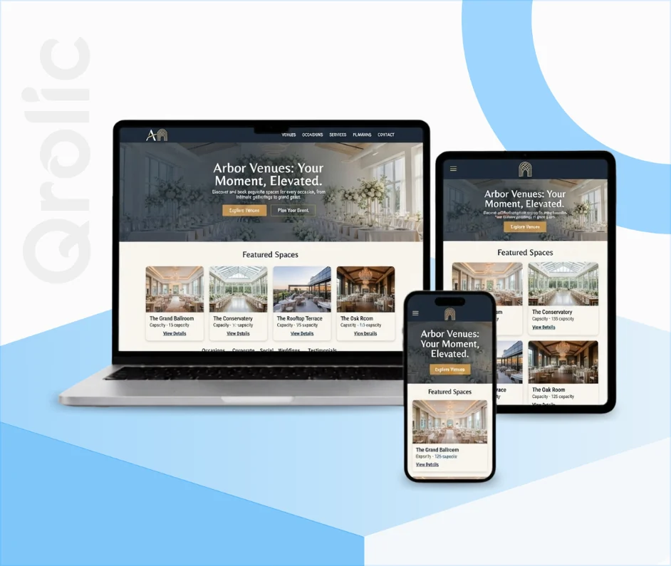  Event venues website design and development services showing a venue gallery and booking calendar
