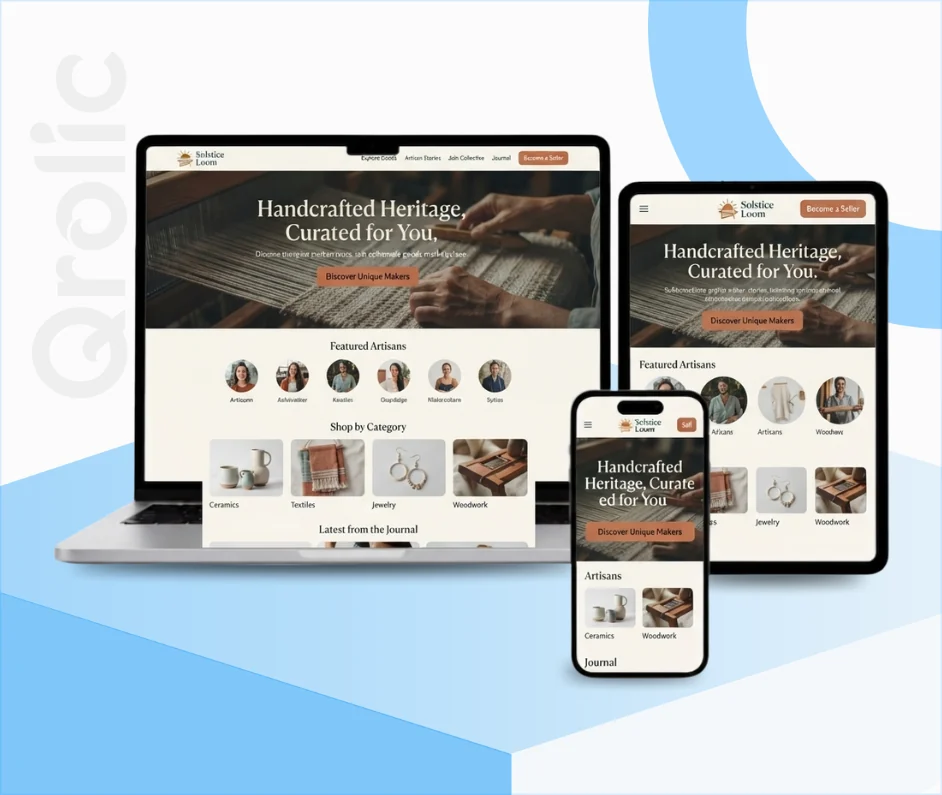 Handmade Goods Marketplace Website Design & Development Handmade goods marketplace website design and development services by Qrolic showcasing seller dashboards and product listings