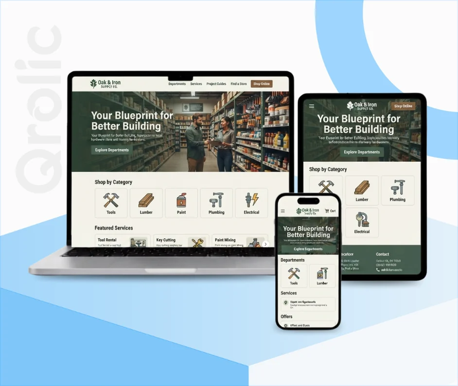 Hardware store website design and development services by Qrolic showcasing local inventory and product listings