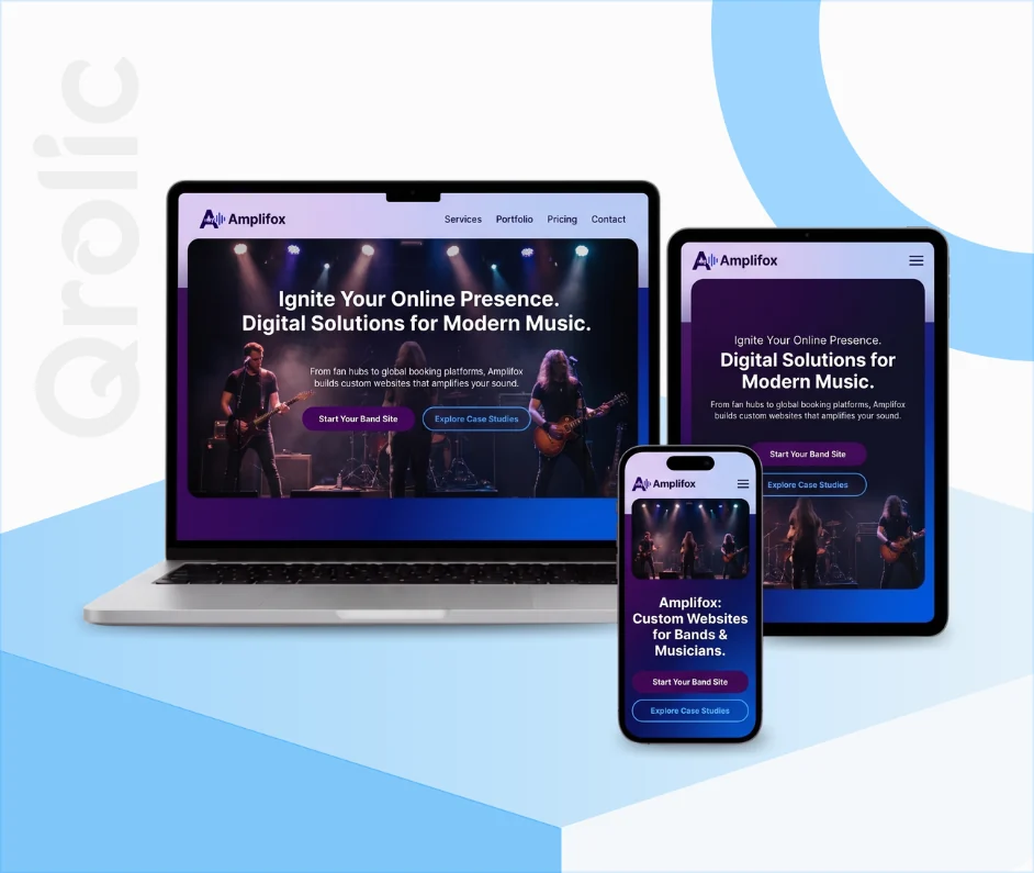 Music band website design and development services showing portfolio showcase and event booking interface
