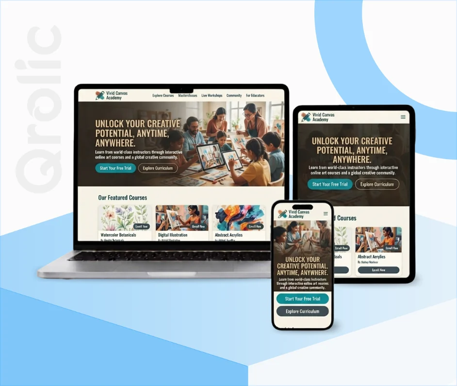 Online Art Teacher Website Design and Development Online art teacher website design and development services showcasing a live class and course platform