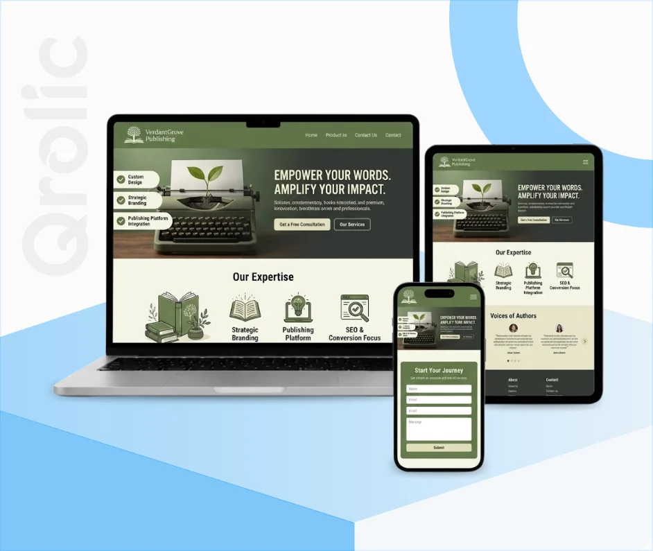 Custom Website Design for Modern Publishing Companies Publishing company website design and development services showing book catalog and content management by Qrolic
