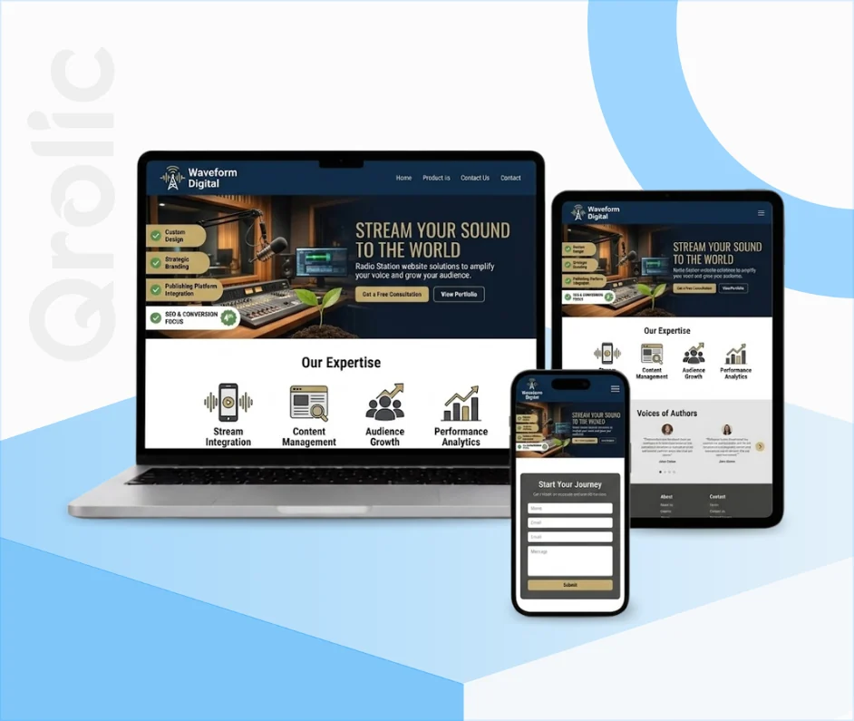 Professional Web Design for Modern Radio Stations Radio station website design and development services showing live streaming and program scheduling by Qrolic