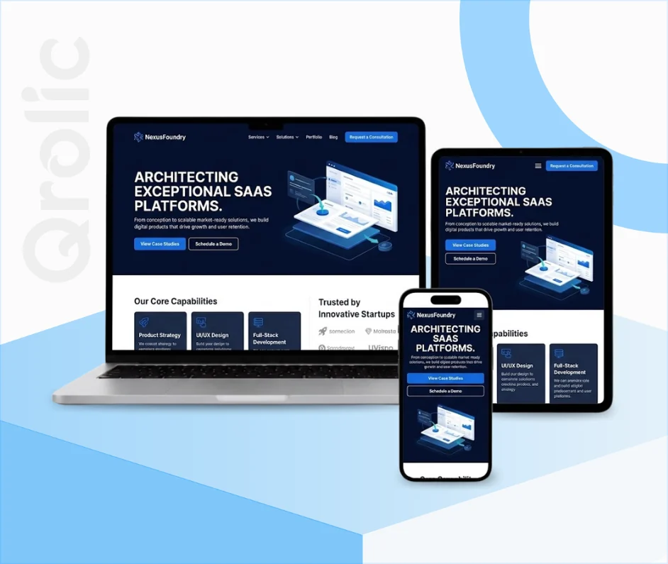 SaaS application website design and development services showing dashboard UI and cloud architecture by Qrolic